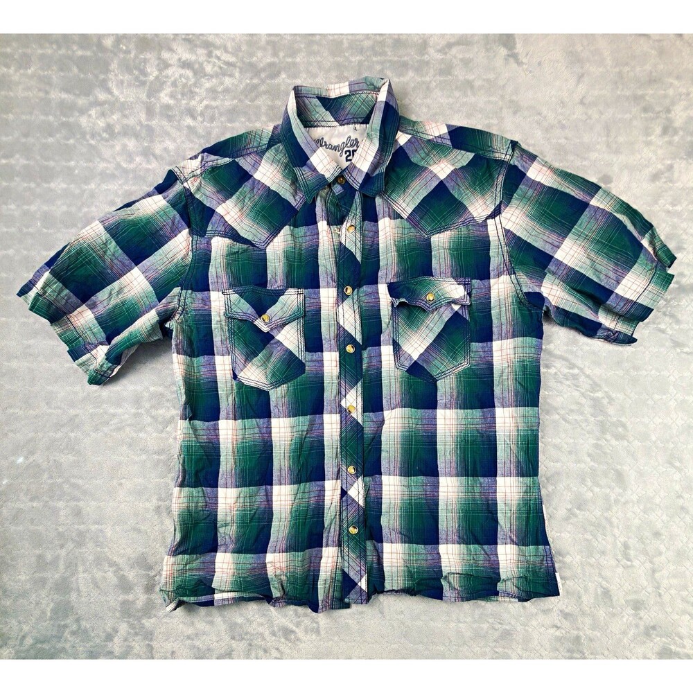 Wrangler 20X Plaid Button Up Shirt Mens L Green Blue White Short Sleeve Pockets